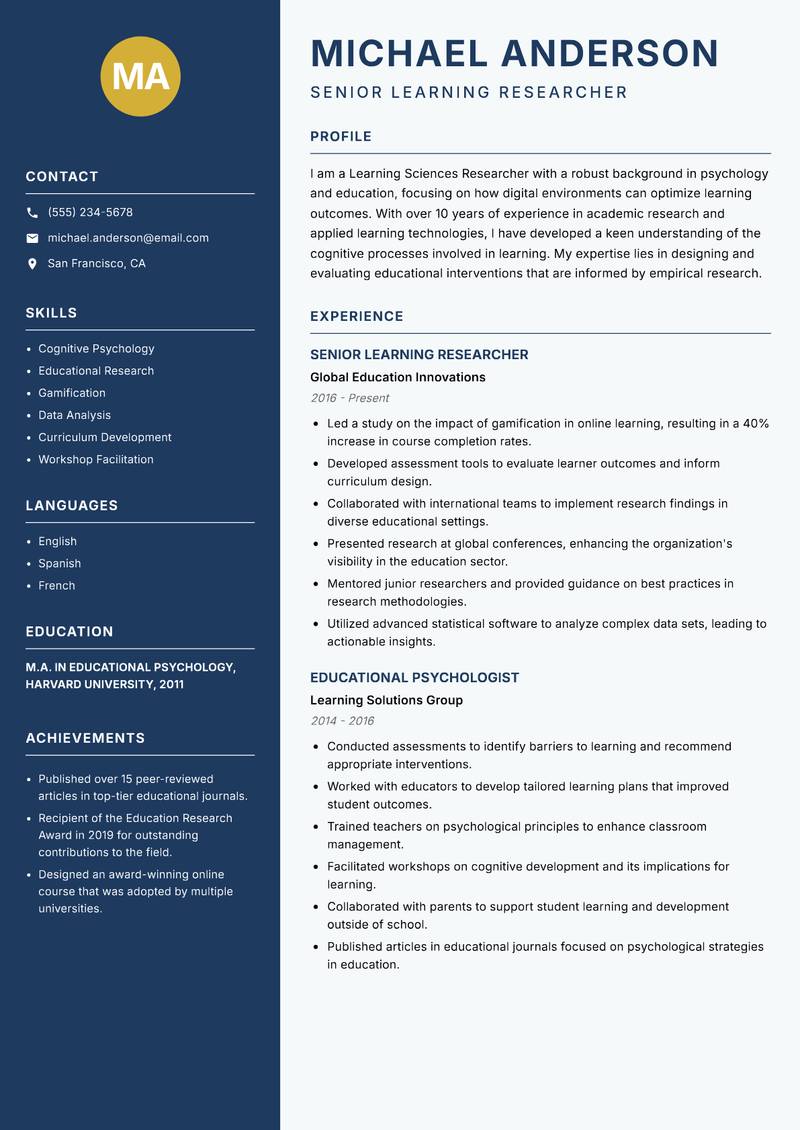 Learning Sciences Researcher resume sample — Senior Learning Researcher focus
