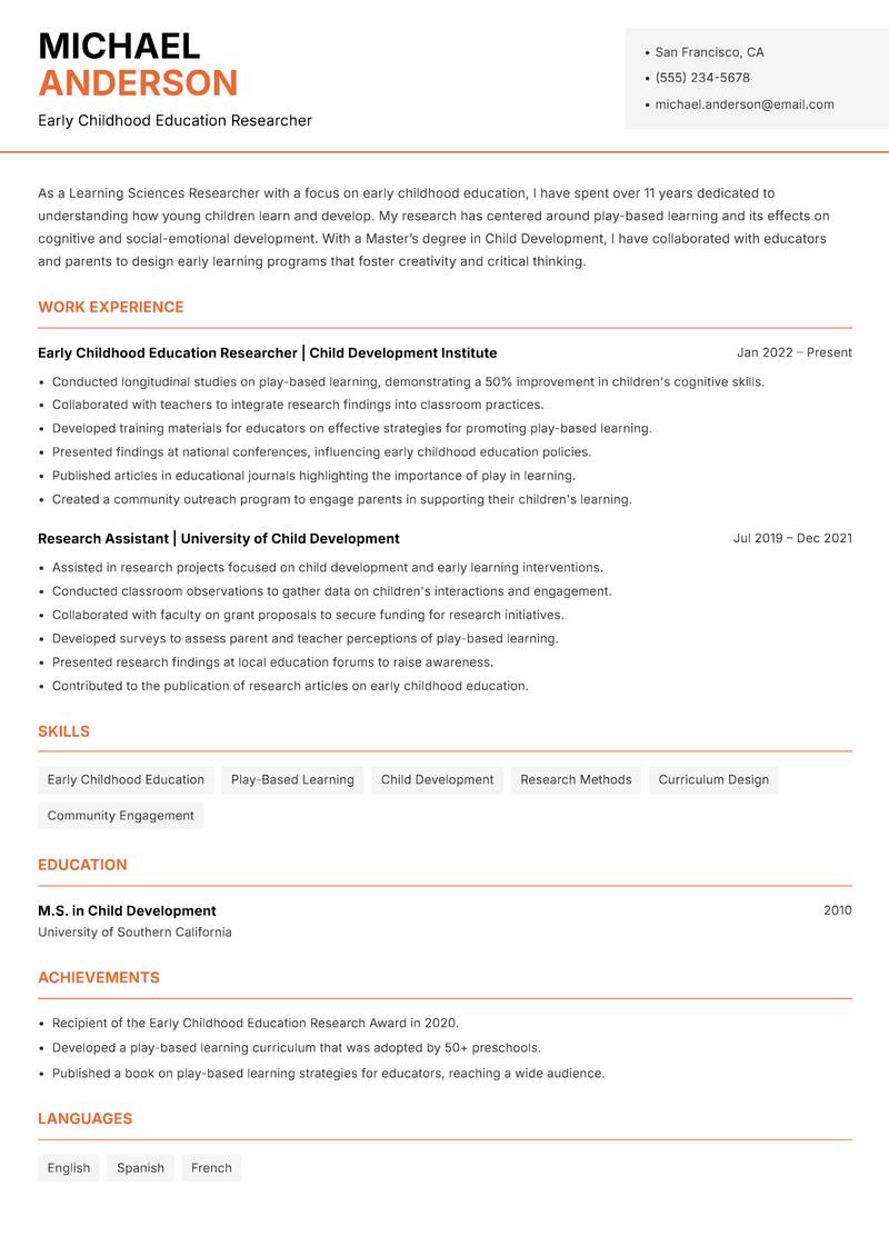 Learning Sciences Researcher resume sample — Early Childhood Education Researcher focus