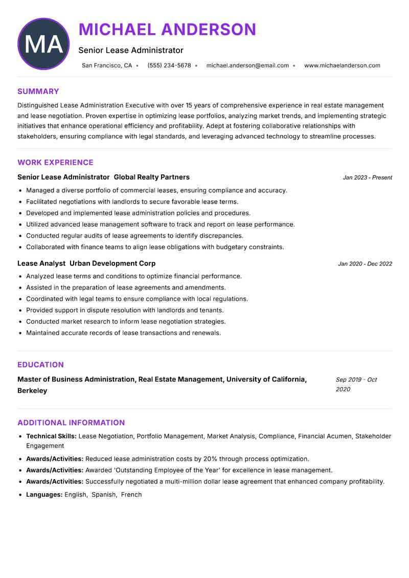 Lease Administration Executive resume example