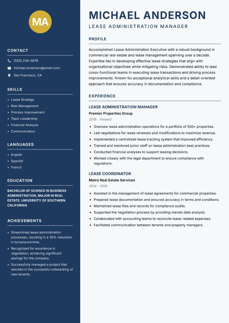 Lease Administration Executive resume sample — Lease Administration Manager focus