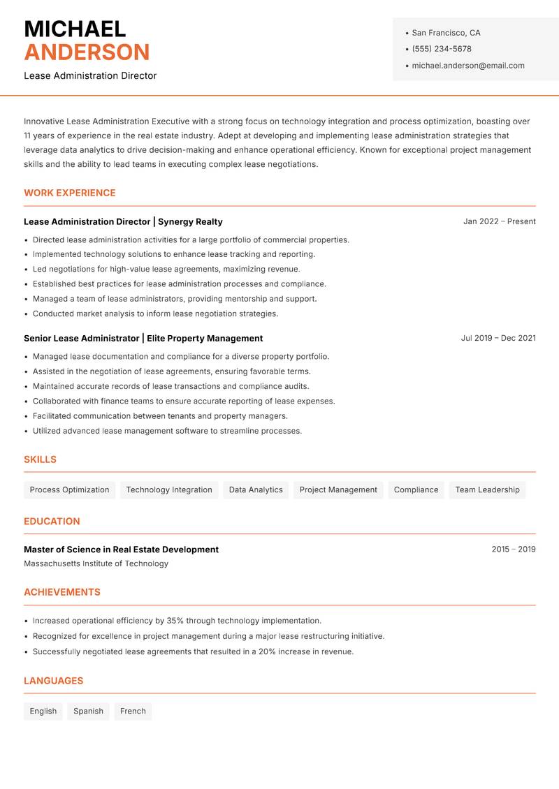 Lease Administration Executive resume sample — Lease Administration Director focus