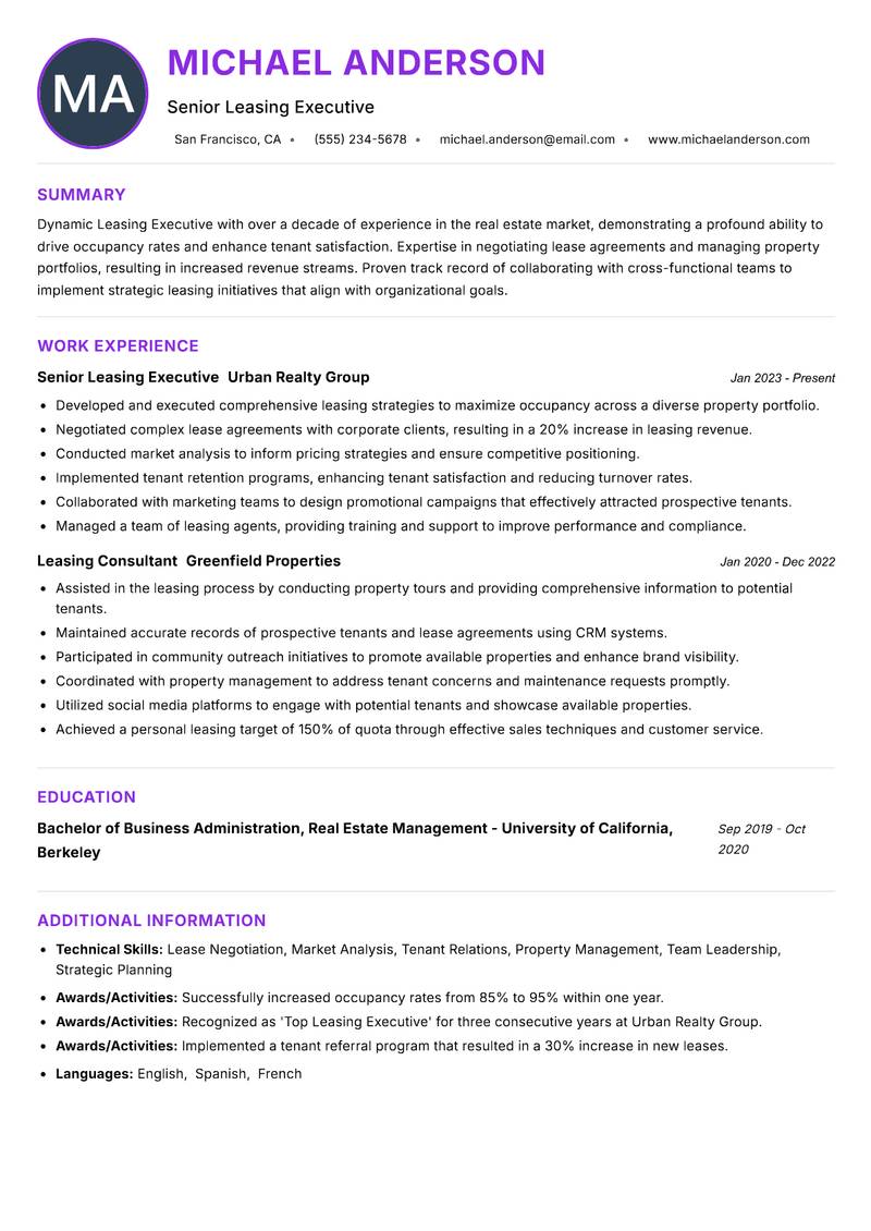 Leasing Executive resume example
