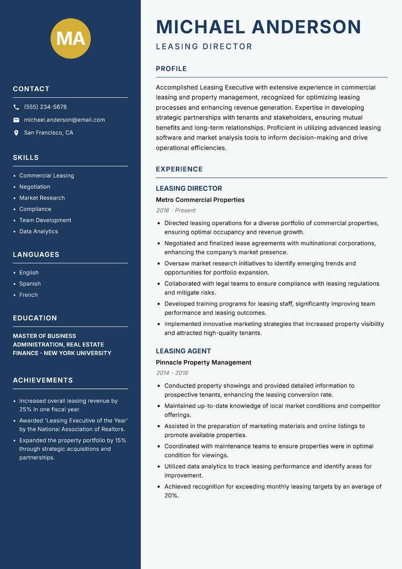 Leasing Executive resume sample — Leasing Director focus