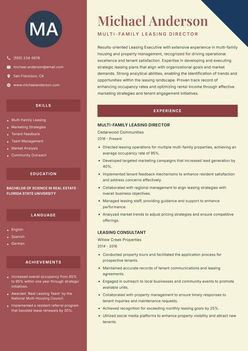 Leasing Executive resume sample — Multi-Family Leasing Director focus