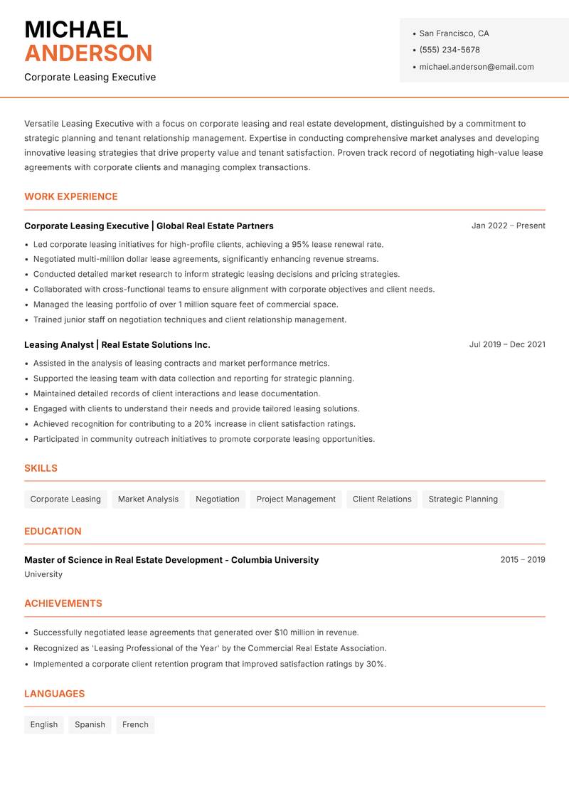 Leasing Executive resume sample — Corporate Leasing Executive focus
