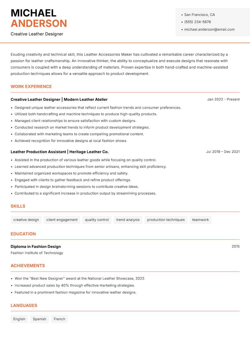 Leather Accessories Maker resume sample — Creative Leather Designer focus