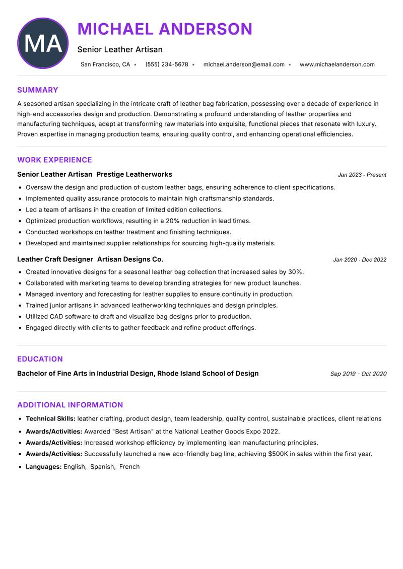 Leather Bag Maker resume example
