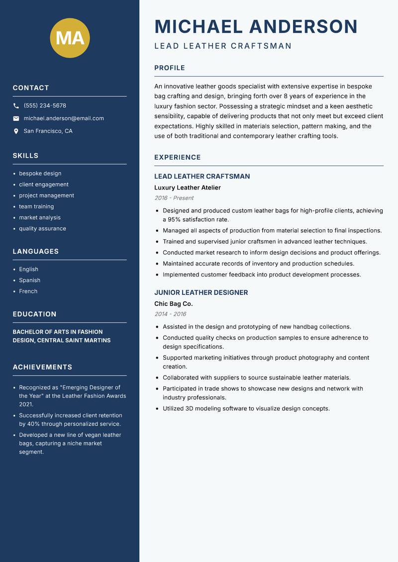 Leather Bag Maker resume sample — Lead Leather Craftsman focus