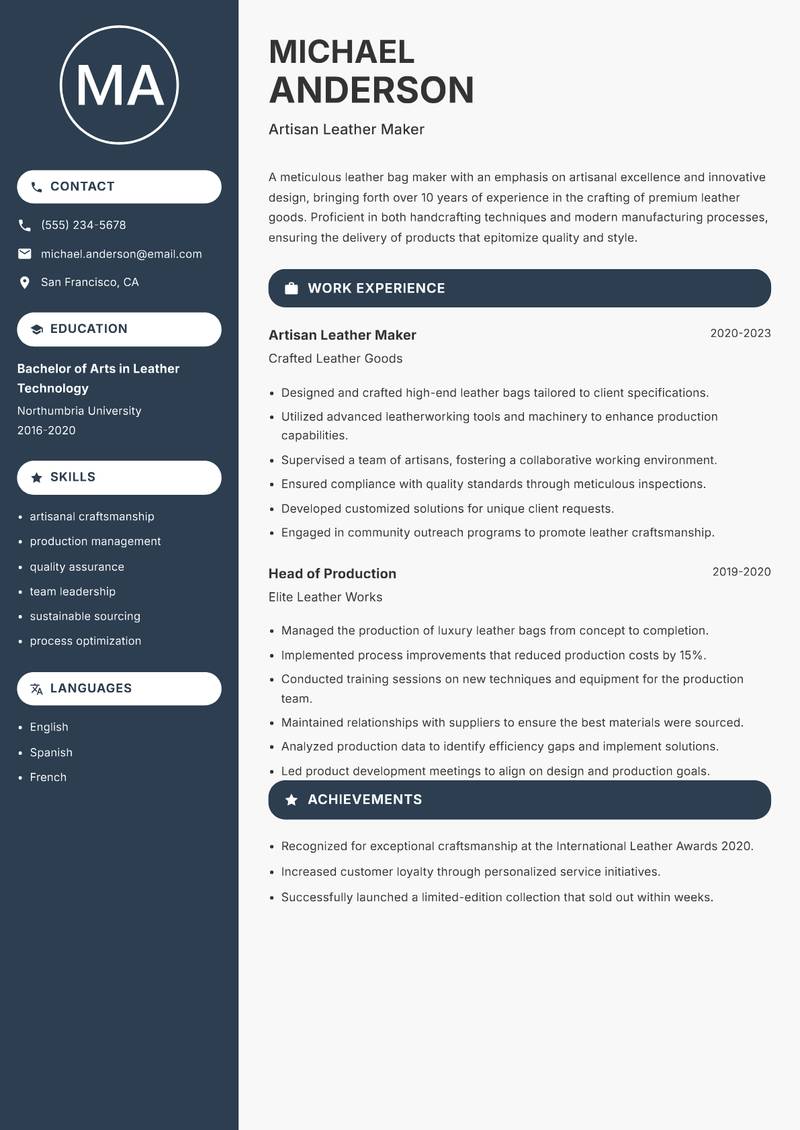 Leather Bag Maker resume sample — Artisan Leather Maker focus