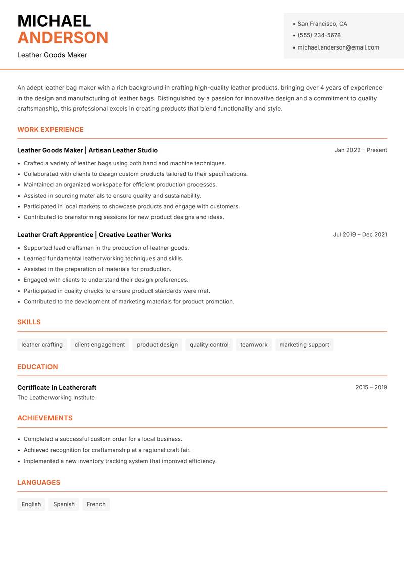 Leather Bag Maker resume sample — Leather Goods Maker focus