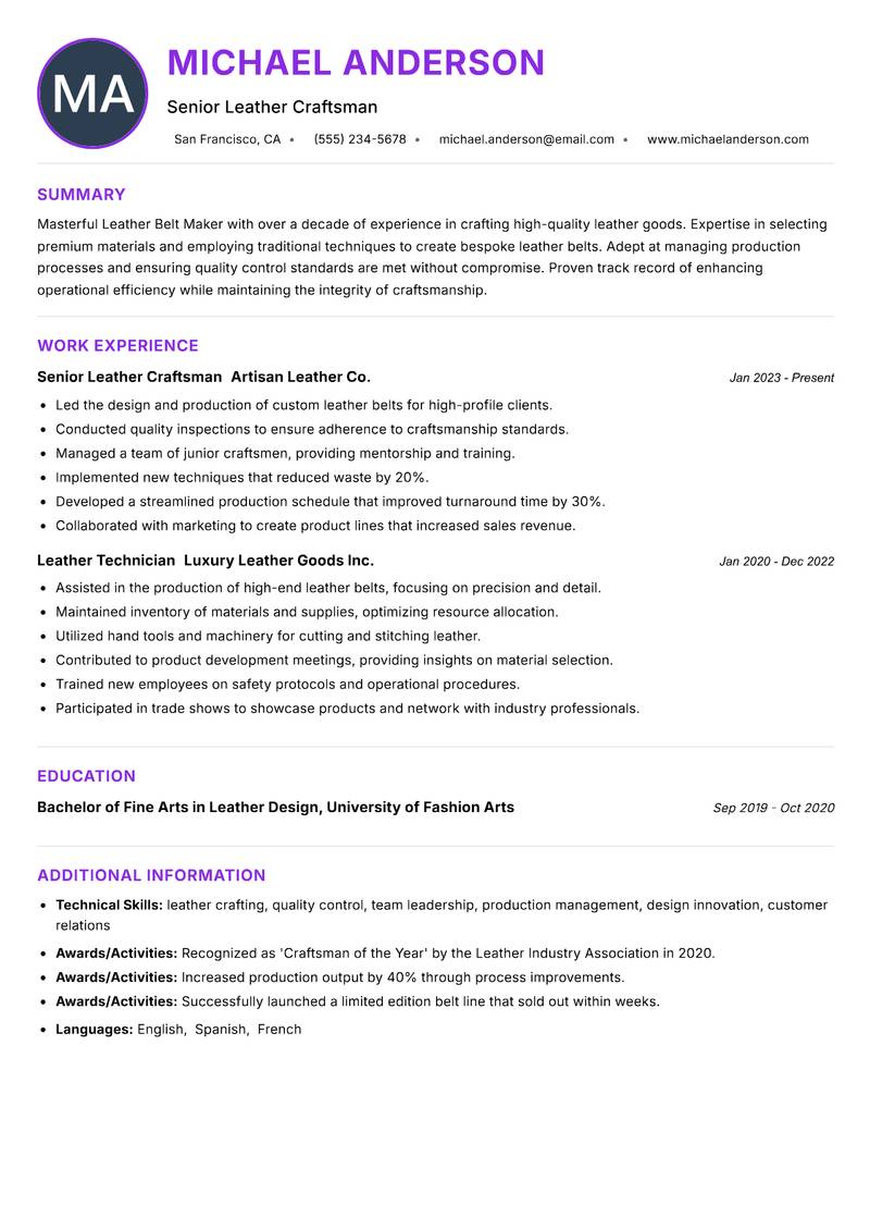 Leather Belt Maker resume example