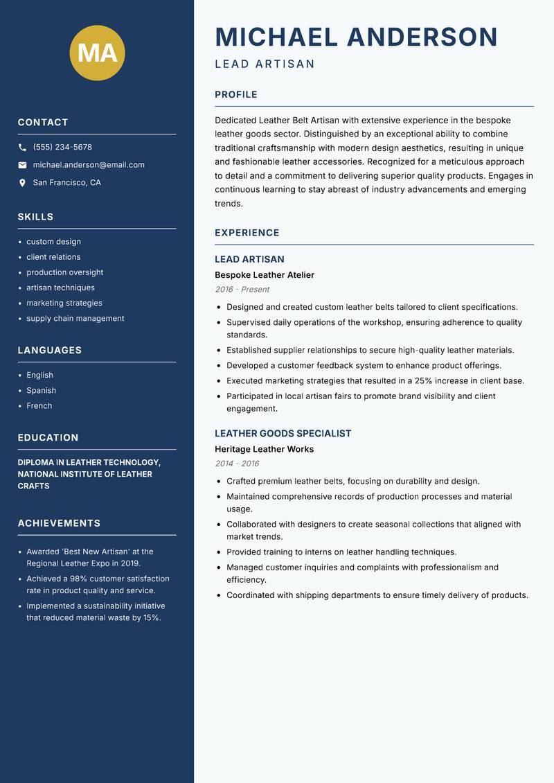 Leather Belt Maker resume sample — Lead Artisan focus