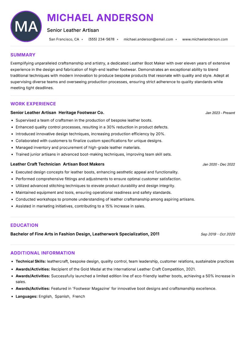 Leather Boot Maker resume example