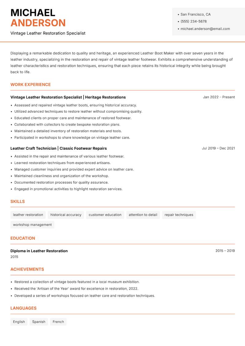 Leather Boot Maker resume sample — Vintage Leather Restoration Specialist focus