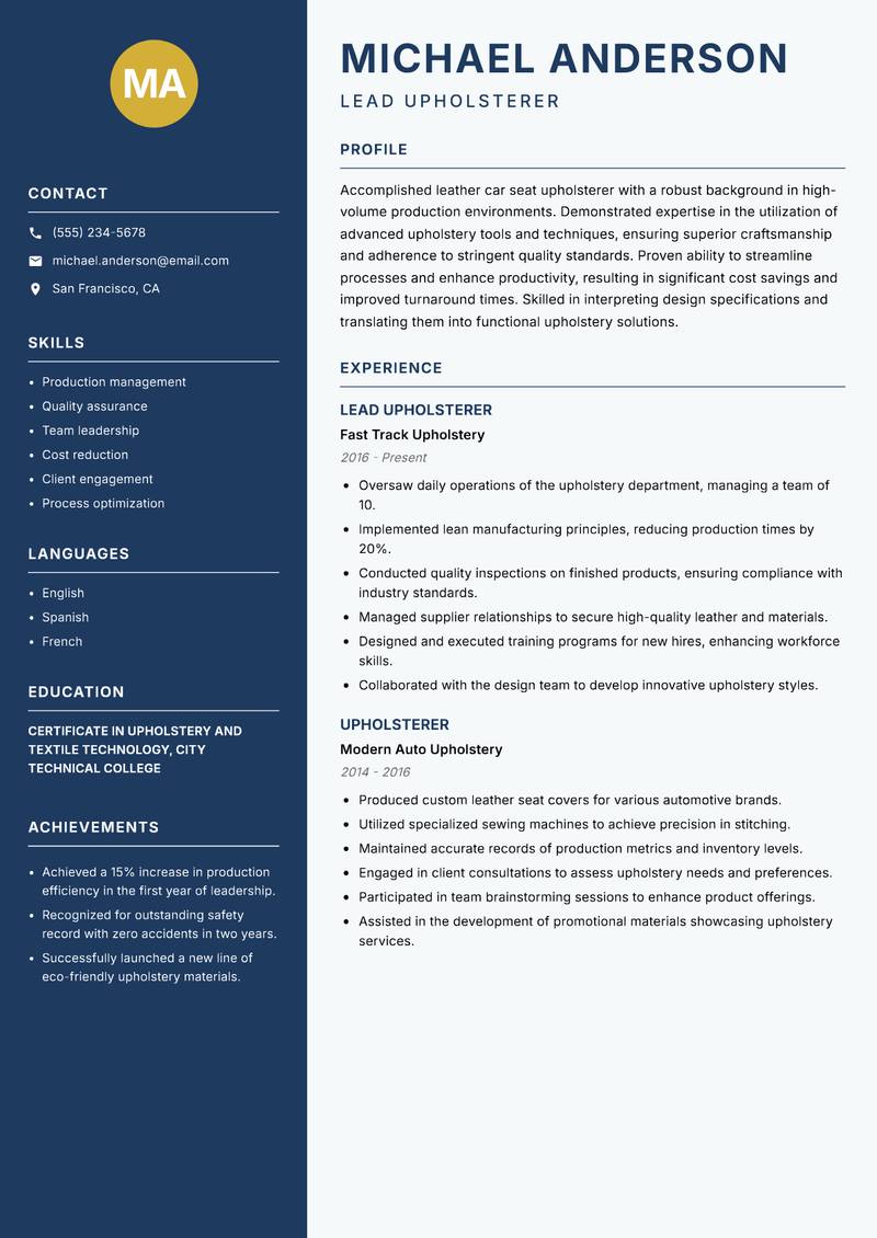 Leather Car Seat Upholsterer resume sample — Lead Upholsterer focus