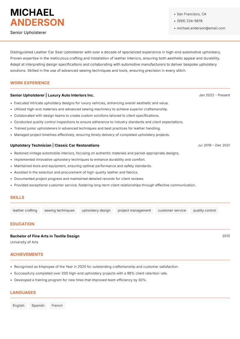 Leather Car Seat Upholsterer resume sample — Senior Upholsterer focus