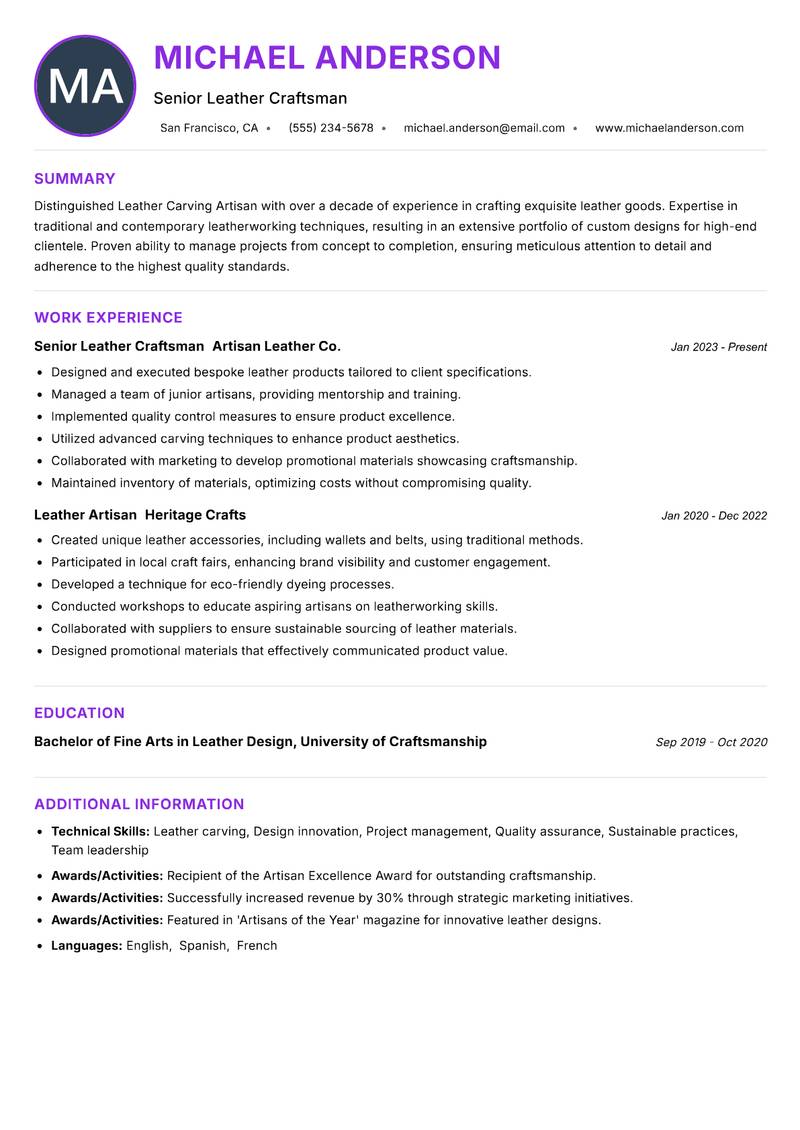 Leather Carving Artisan resume example