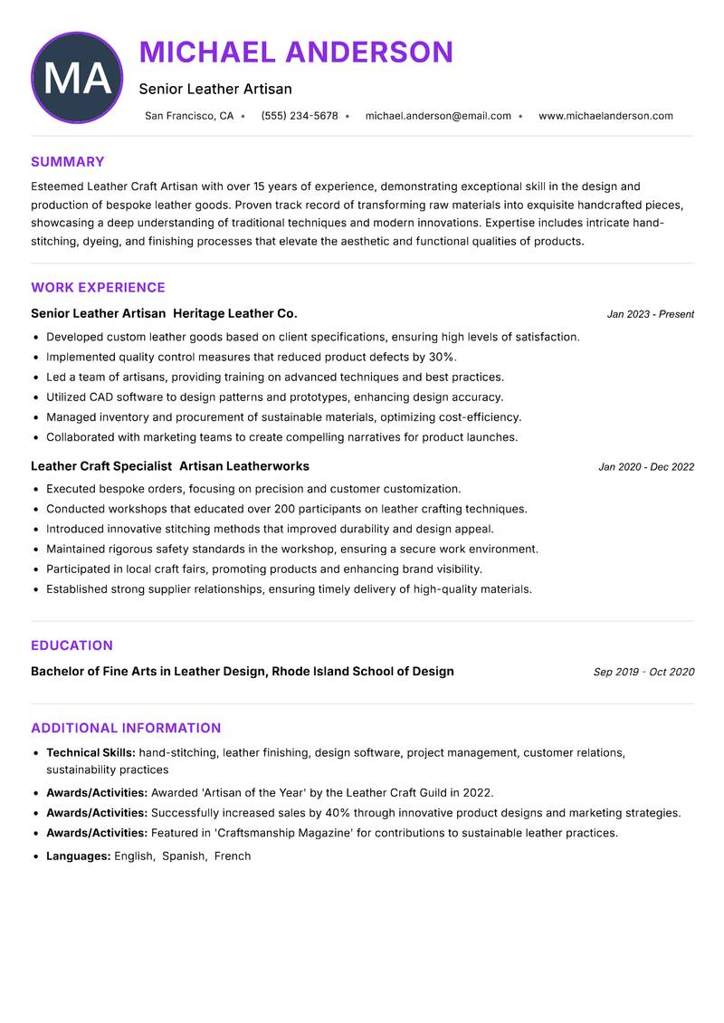 Leather Craft Artisan resume example