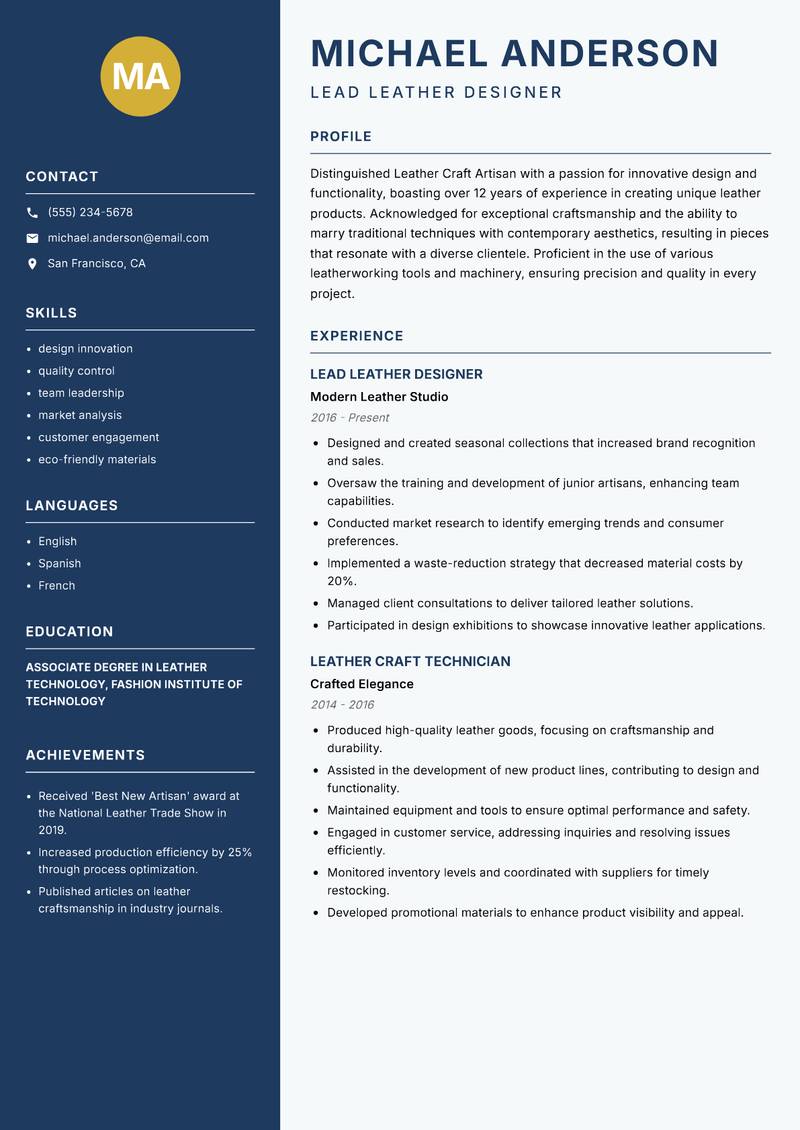 Leather Craft Artisan resume sample — Lead Leather Designer focus