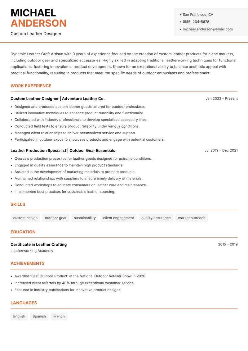 Leather Craft Artisan resume sample — Custom Leather Designer focus