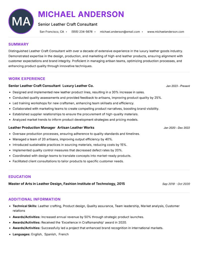 Leather Craft Consultant resume example