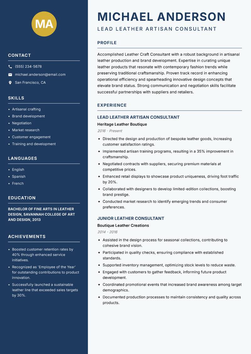 Leather Craft Consultant resume sample — Lead Leather Artisan Consultant focus