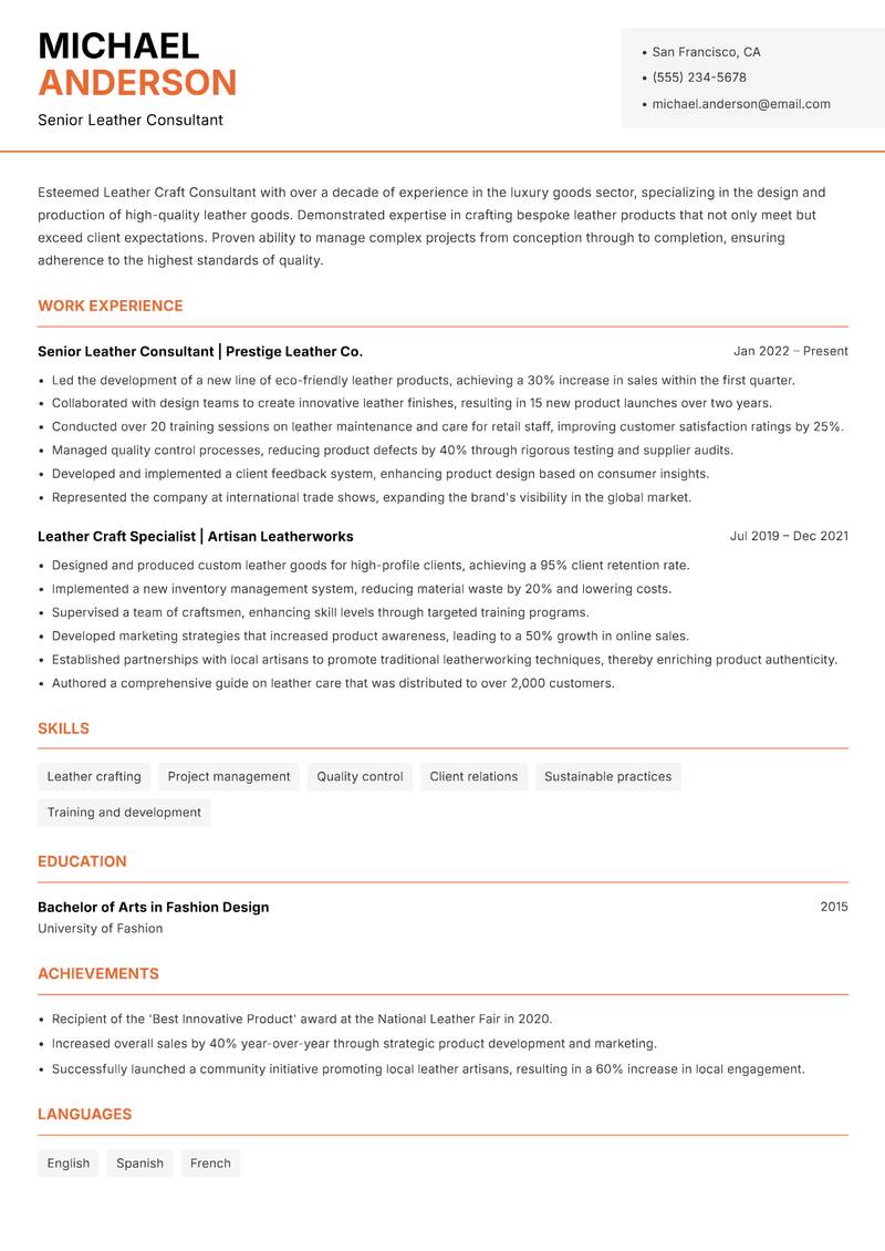 Leather Craft Consultant resume sample — Senior Leather Consultant focus