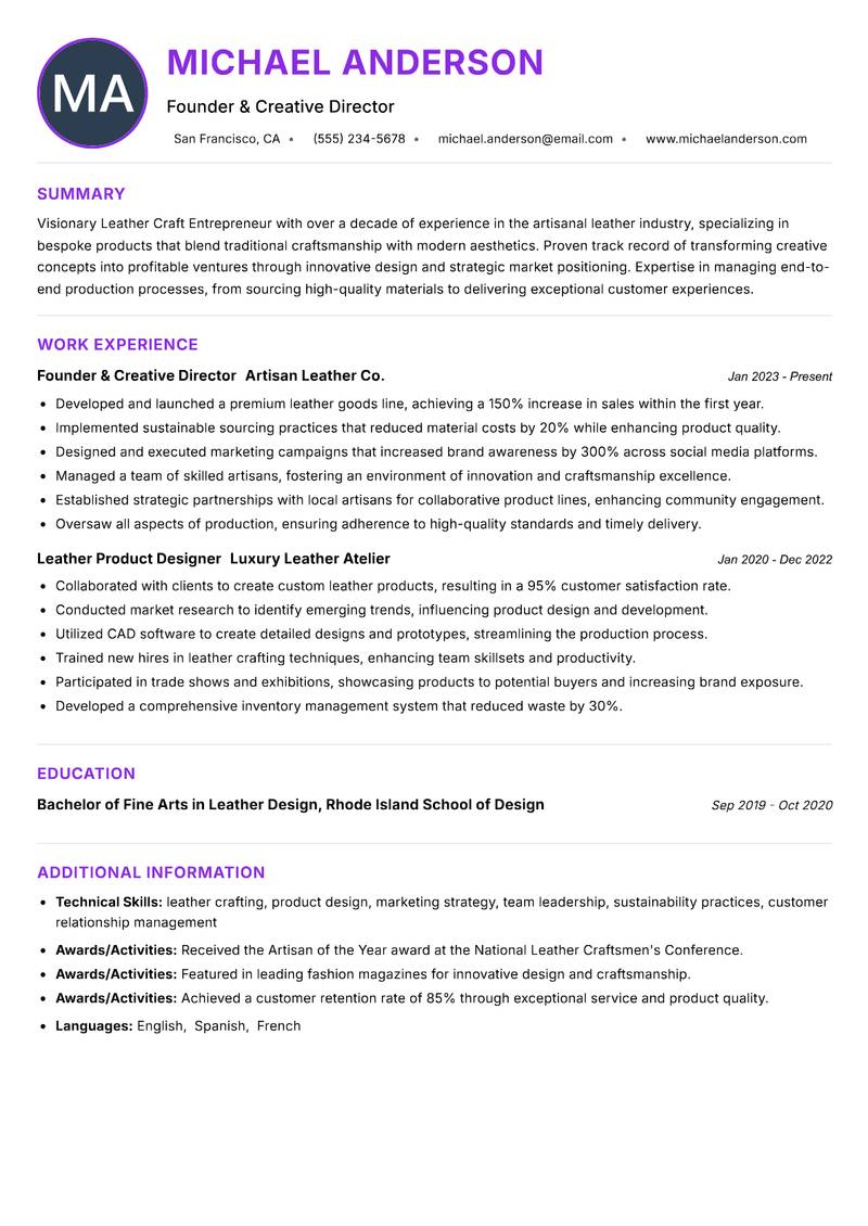 Leather Craft Entrepreneur resume example