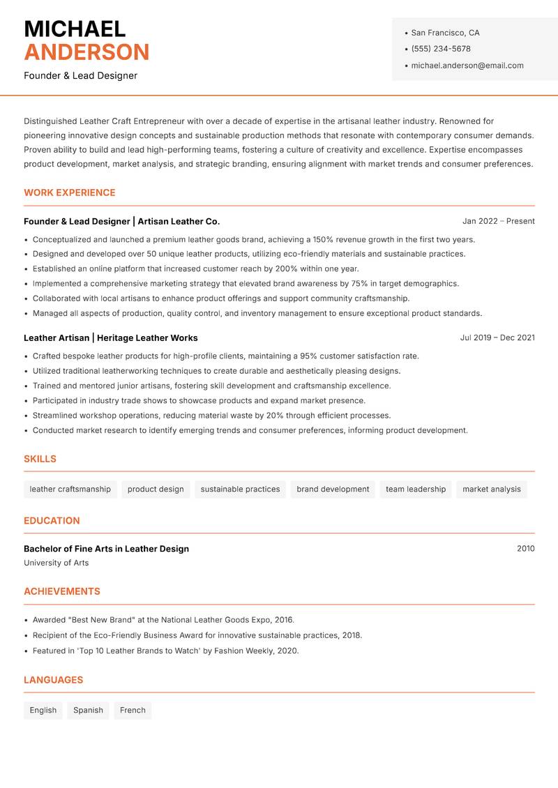 Leather Craft Entrepreneur resume sample — Founder & Lead Designer focus