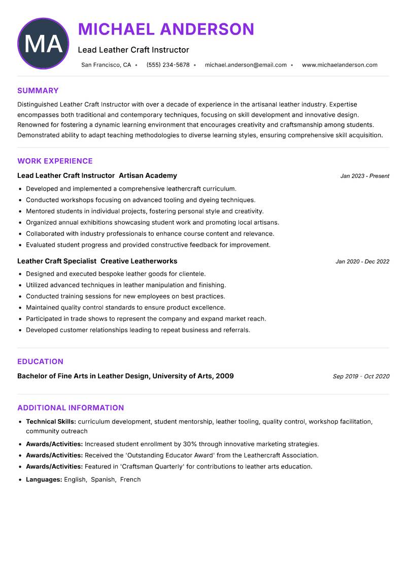 Leather Craft Instructor resume example