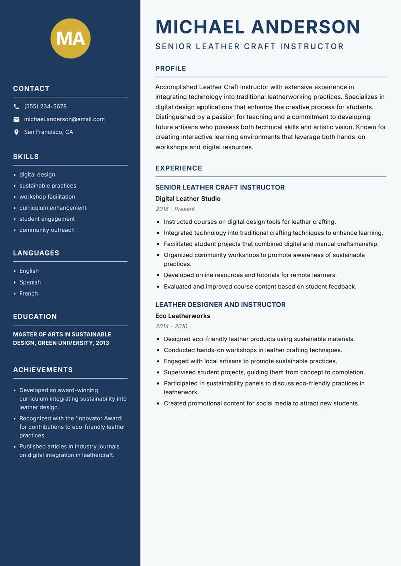 Leather Craft Instructor resume sample — Senior Leather Craft Instructor focus