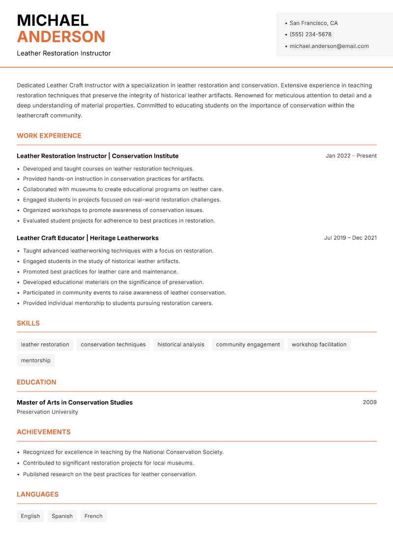 Leather Craft Instructor resume sample — Leather Restoration Instructor focus