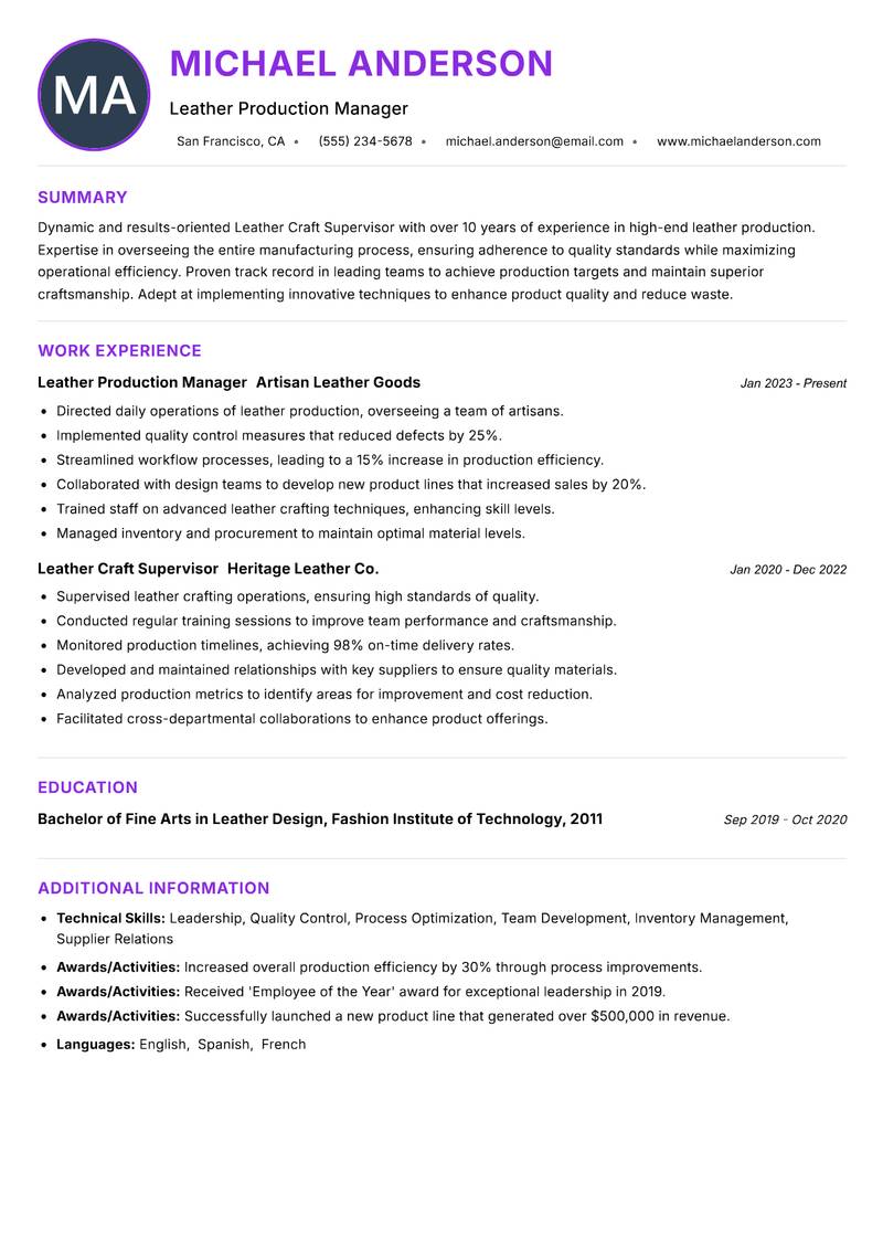 Leather Craft Supervisor resume example