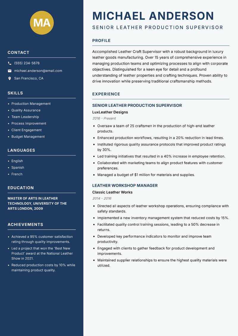 Leather Craft Supervisor resume sample — Senior Leather Production Supervisor focus