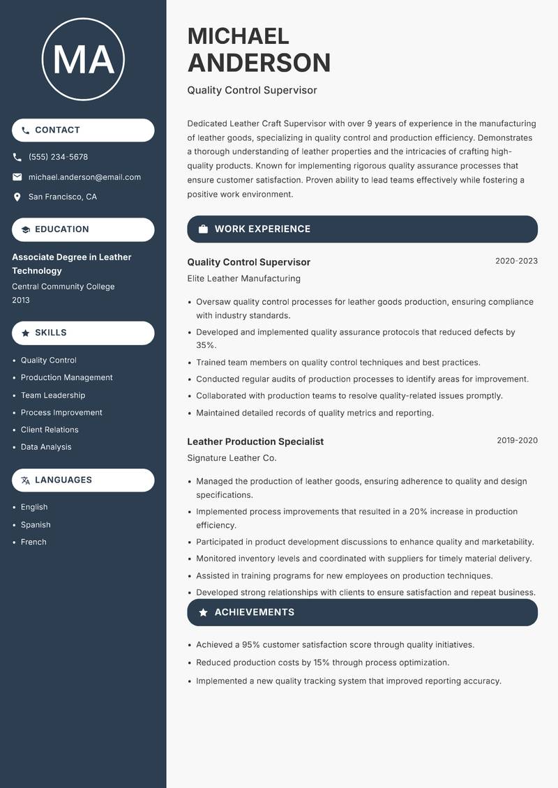 Leather Craft Supervisor resume sample — Quality Control Supervisor focus