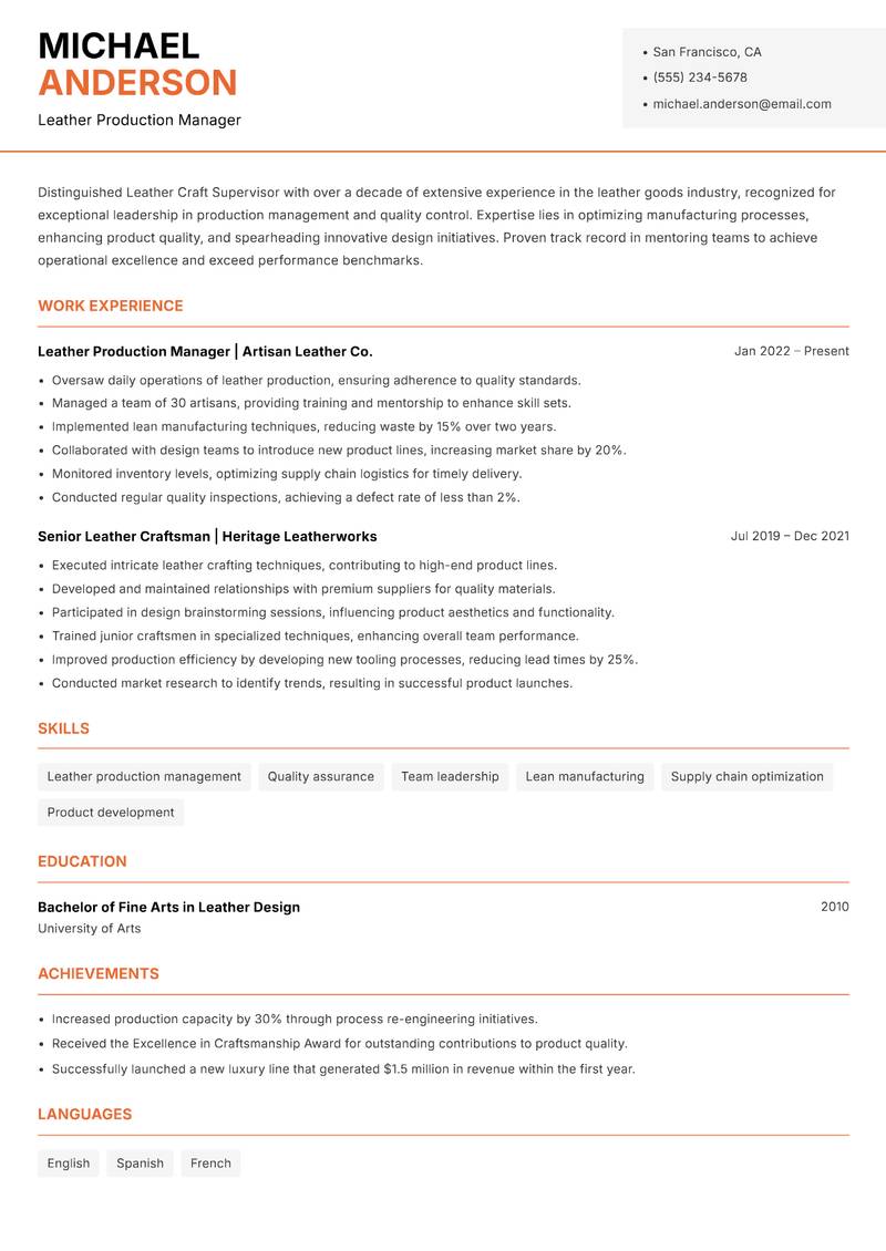 Leather Craft Supervisor resume sample — Leather Production Manager focus