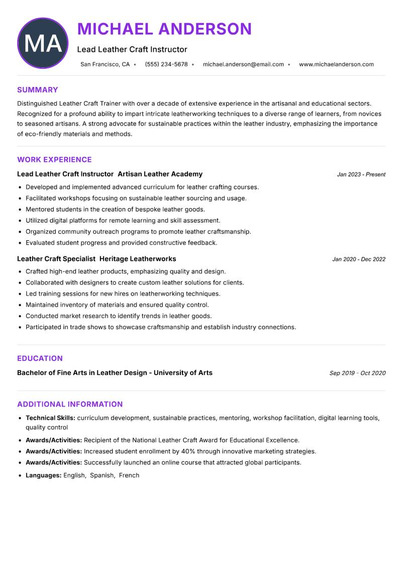 Leather Craft Trainer resume example