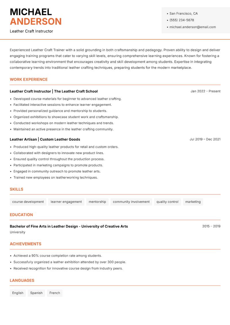 Leather Craft Trainer resume sample — Leather Craft Instructor focus