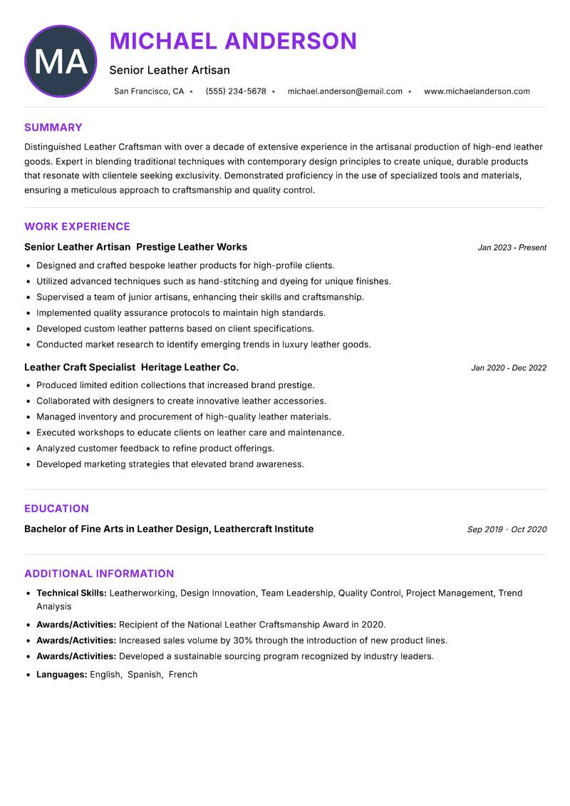 Leather Craftsman resume example