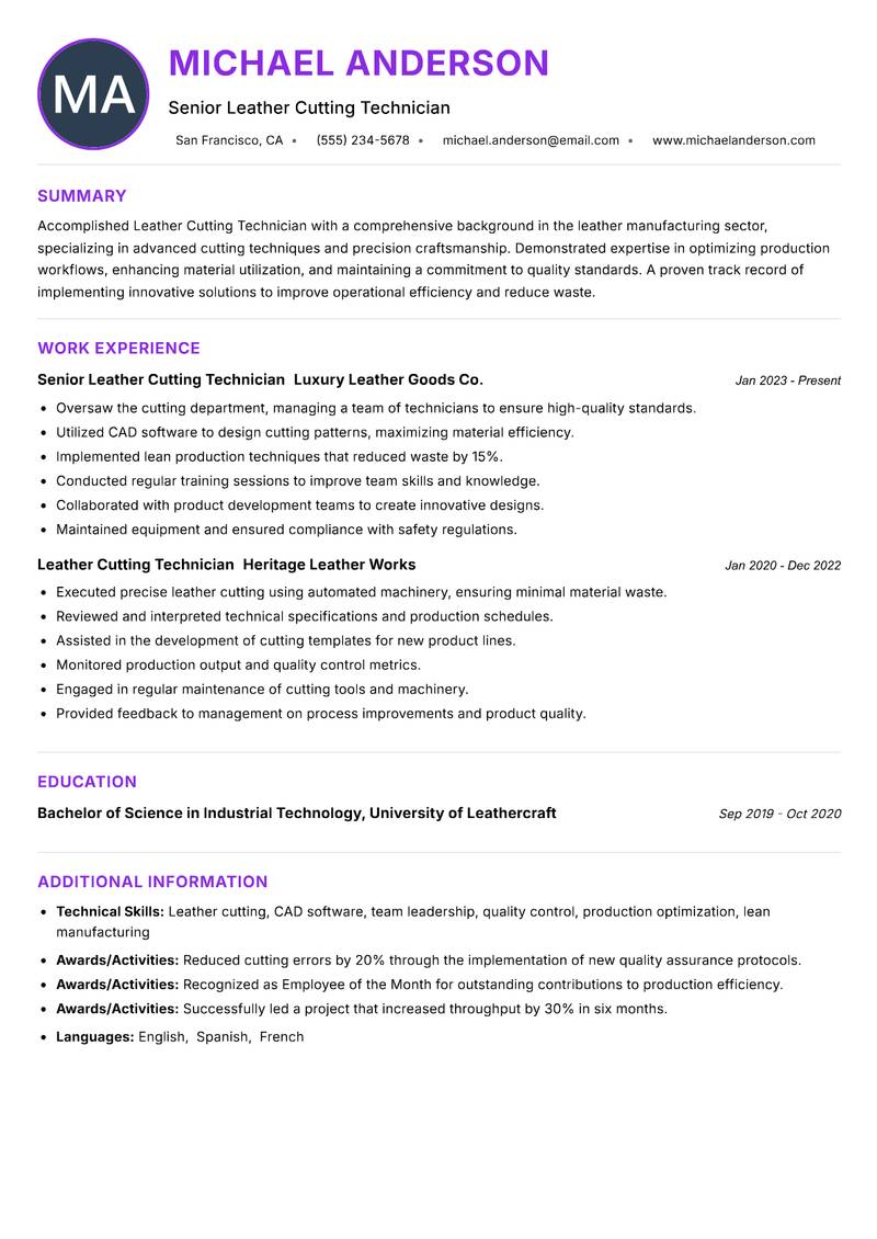 Leather Cutting Technician resume example