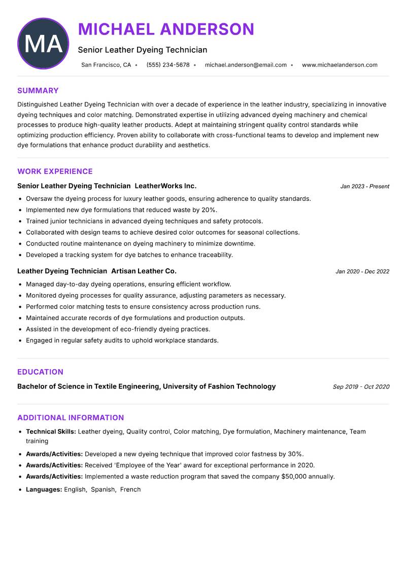 Leather Dyeing Technician resume example