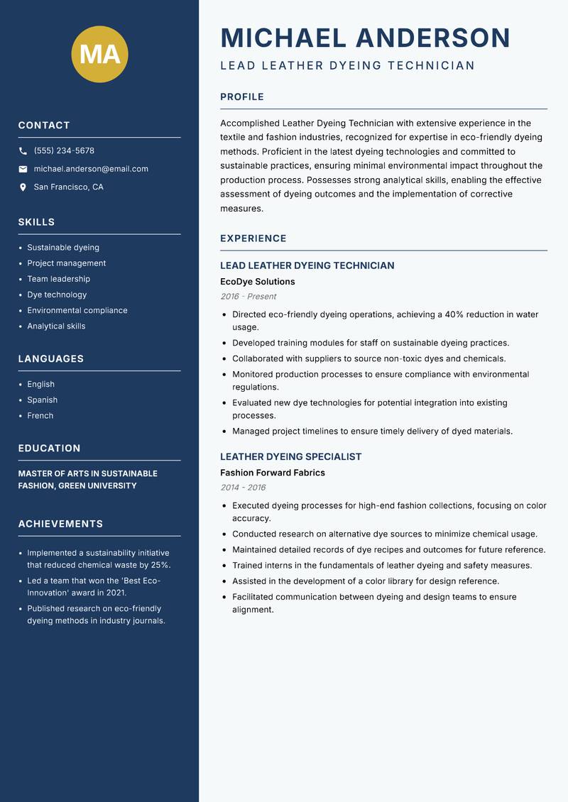 Leather Dyeing Technician resume sample — Lead Leather Dyeing Technician focus