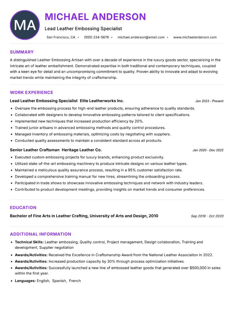 Leather Embossing Artisan resume example