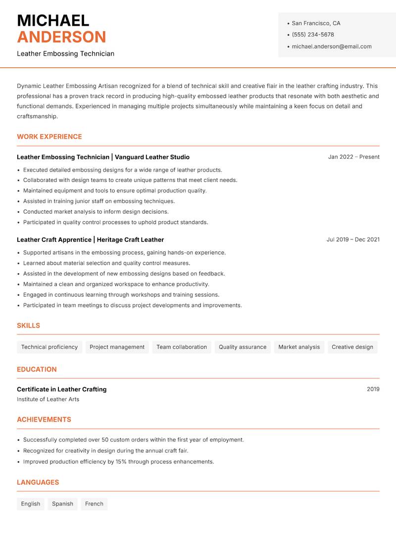 Leather Embossing Artisan resume sample — Leather Embossing Technician focus