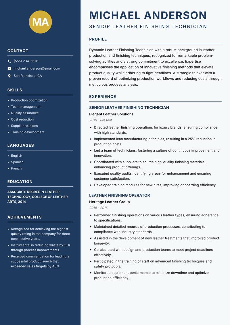 Leather Finishing Technician resume sample — Senior Leather Finishing Technician focus