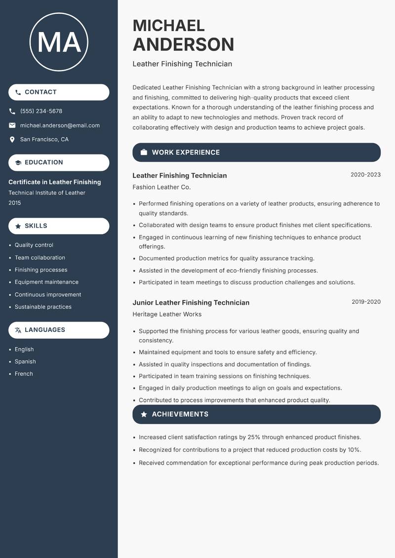 Leather Finishing Technician resume sample — Leather Finishing Technician focus