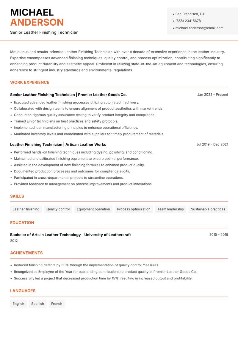 Leather Finishing Technician resume sample — Senior Leather Finishing Technician focus