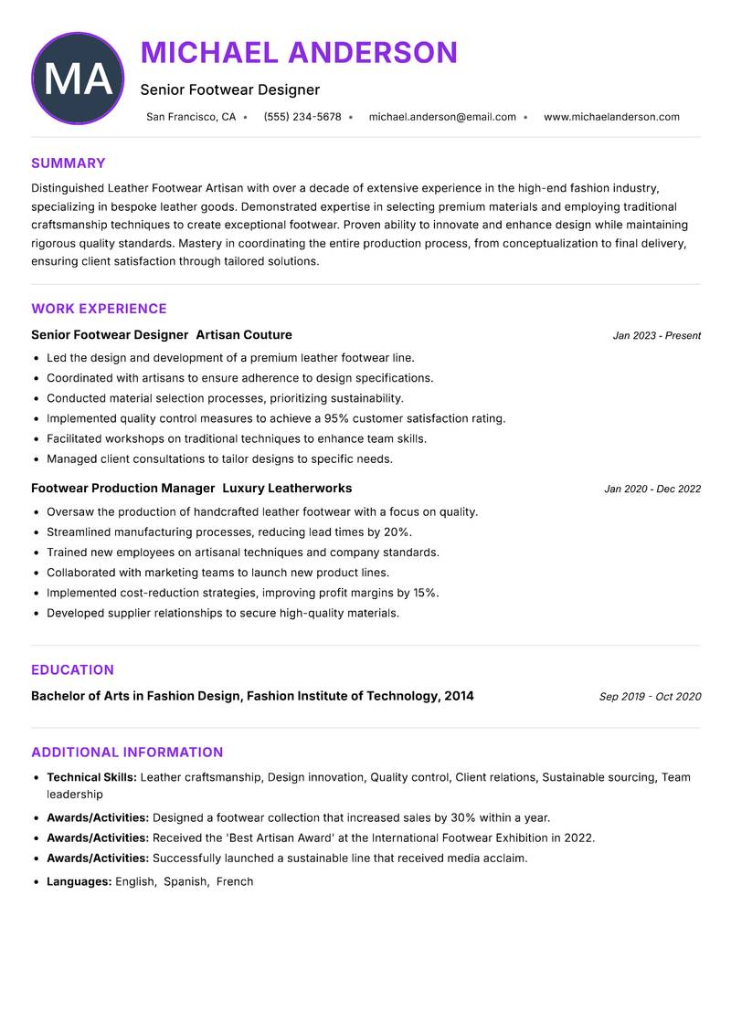 Leather Footwear Artisan resume example