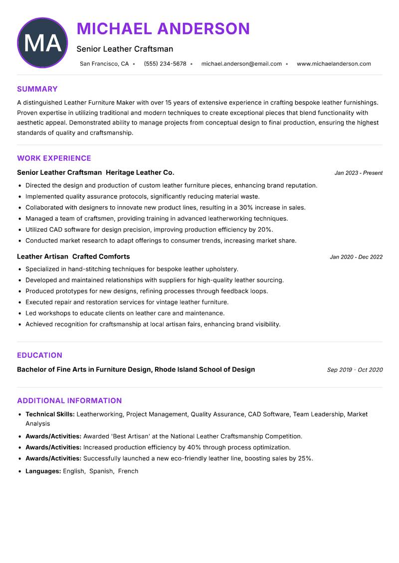Leather Furniture Maker resume example