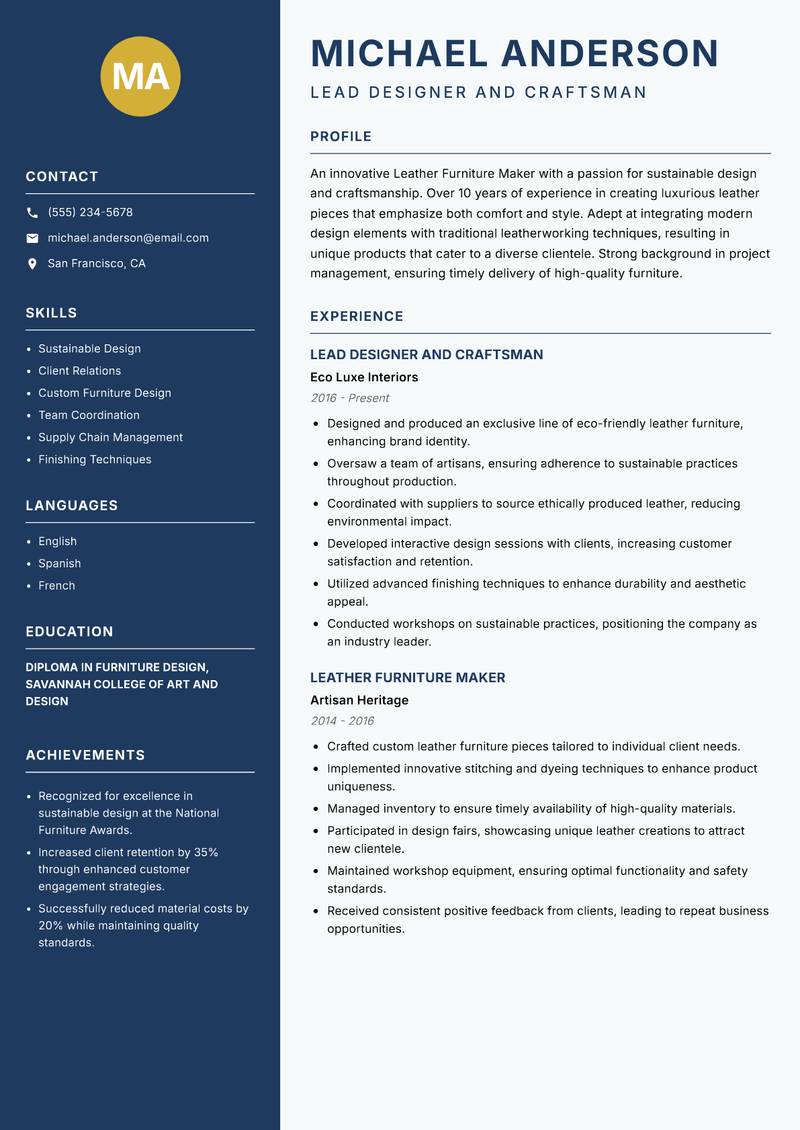 Leather Furniture Maker resume sample — Lead Designer and Craftsman focus